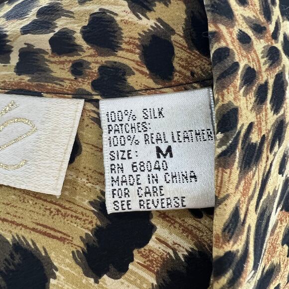 Vintage CACHE Brown Top Silk Leopard Ruffle Collar Leather Button-Up Sz M Medium - Picture 8 of 8